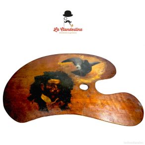 Arte: Antigua paleta de pintor con autorretrato y plaloma. Siglo XIX - XX. Gran tamaño. Madera noble.